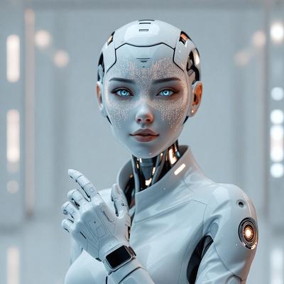 The primary subject of the image is a woman with blue eyes, wearing a white outfit and a silver helmet. She is posing for the camera with her hand on her chin. The setting is a futuristic environment, possibly a space station or a high-tech facility. The visual style is a combination of photo and digital art, creating a unique and intriguing image. The colors and mood are predominantly white and silver, giving the scene a sleek and modern feel.